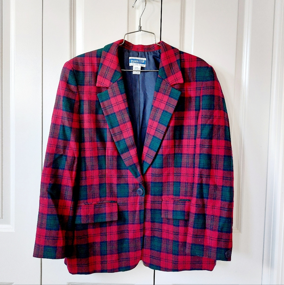 1990s Red Plaid Wool‎ Pendleton Blazer size 8 Christmas Mrs Santa Claus Holiday